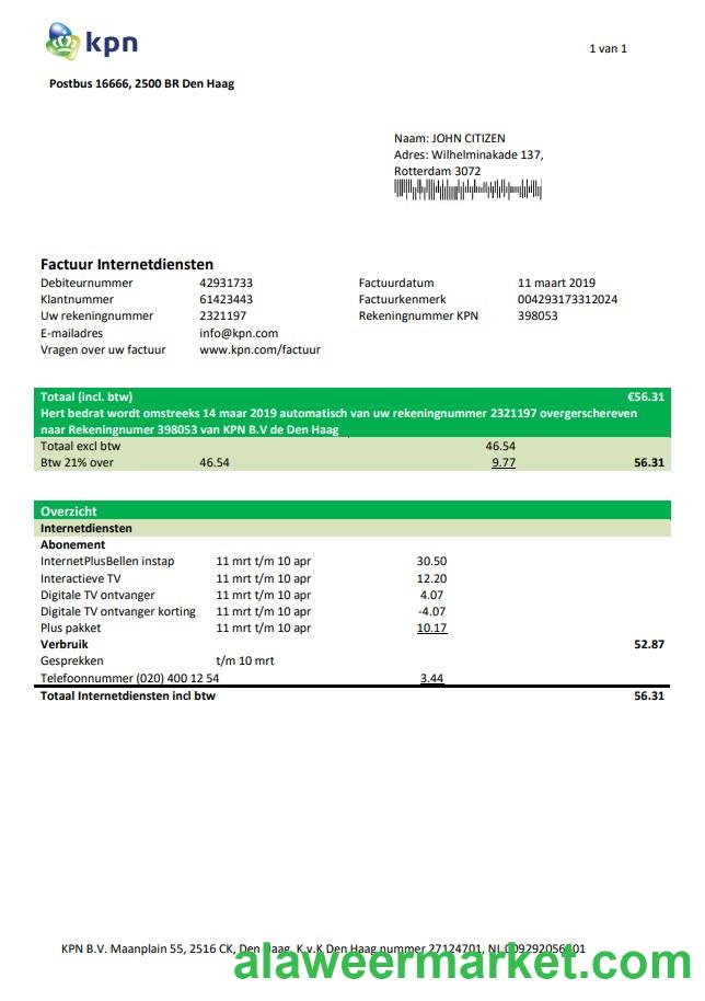 Netherlands KPN utility bill template in Word and PDF format
